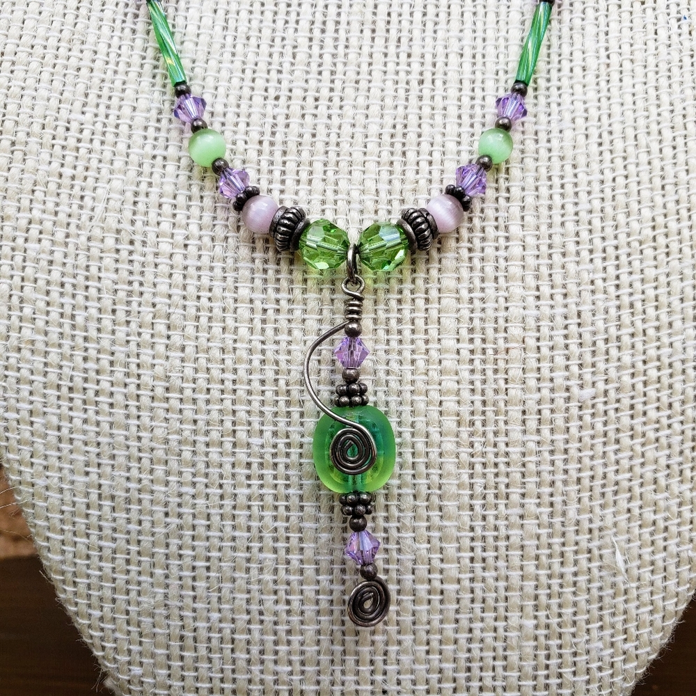 Artisan Wire Strand Glass Pendant Beaded Necklace Green and Purple